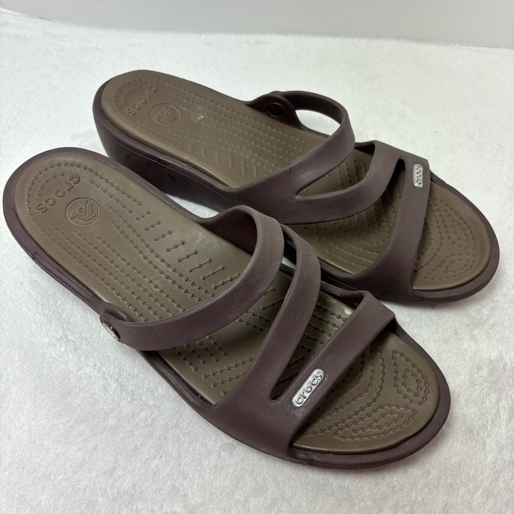 Crocs Brown Criss Cross Rubber Slide On Wedge‎ Sandals Size 9 Women's